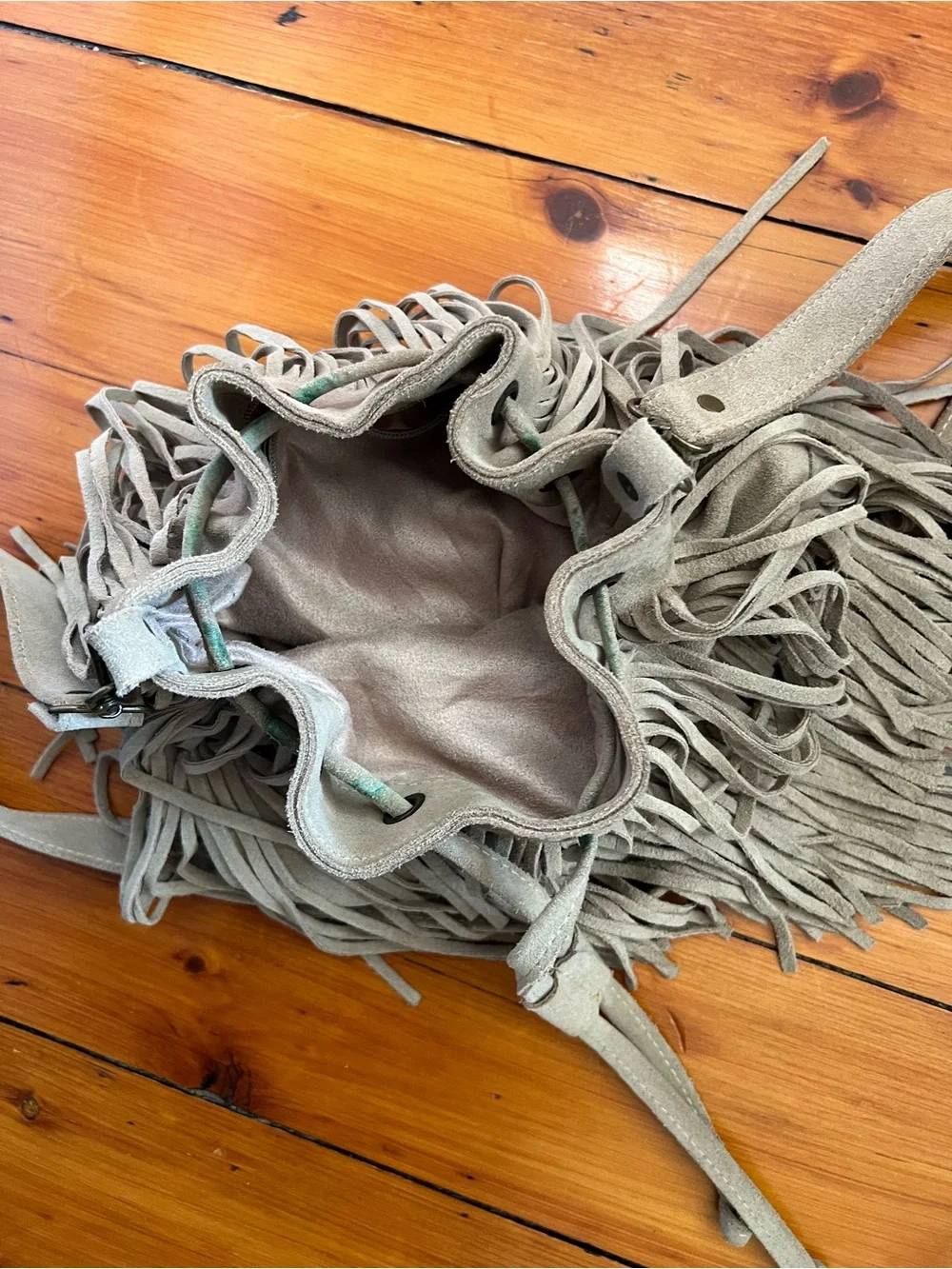 Soft Suede Fringe Drawstring Bucket Vintage Find!